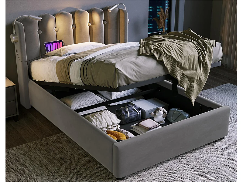 Lit coffre capitonné avec LED et Ports de charge USB - 90x200cm - tissu en velours - avec sommier à lattes - Gris