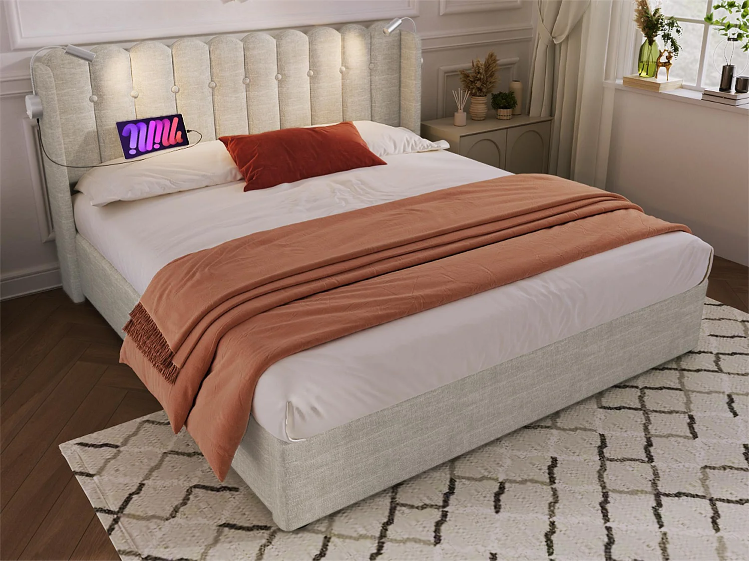 Gestoffeerd opbergbed met LED en USB oplaadpoorten - 140x200cm - linnen stof - met lattenbodem - Beige