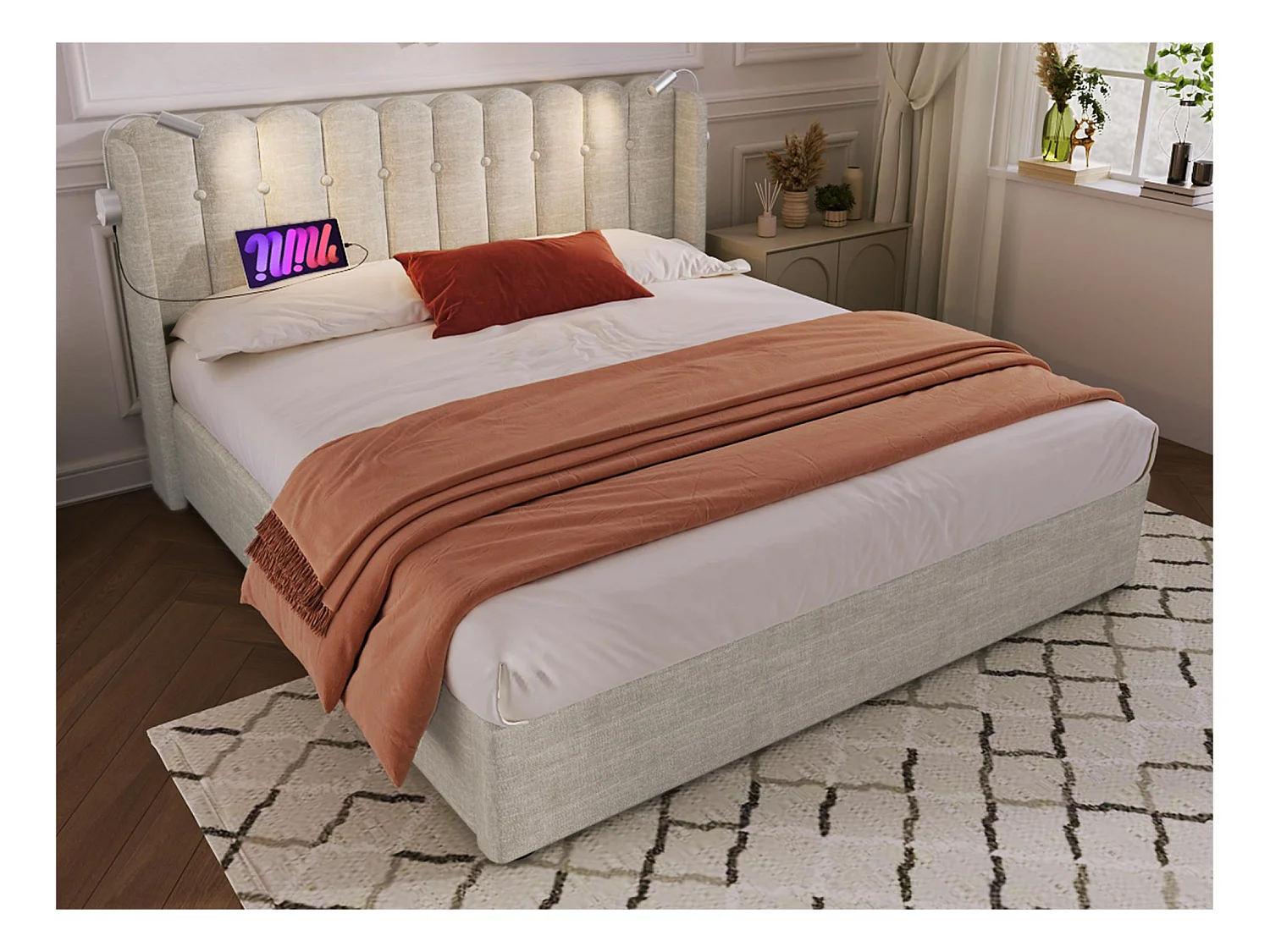 Lit coffre capitonné avec LED et Ports de charge USB - 140x200cm - tissu en lin - avec sommier à lattes - Beige