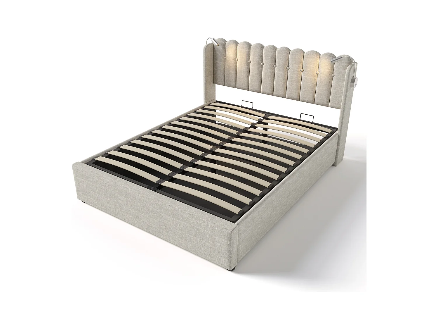 Lit coffre capitonné avec LED et Ports de charge USB - 140x200cm - tissu en lin - avec sommier à lattes - Beige