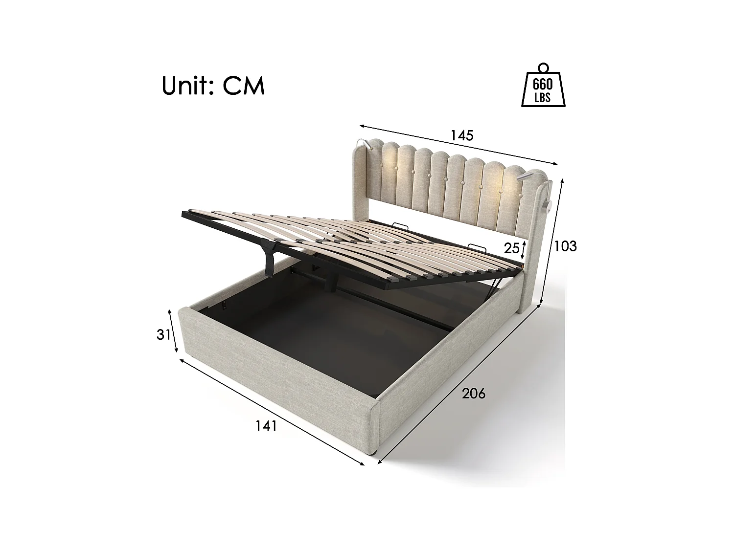 Lit coffre capitonné avec LED et Ports de charge USB - 140x200cm - tissu en lin - avec sommier à lattes - Beige