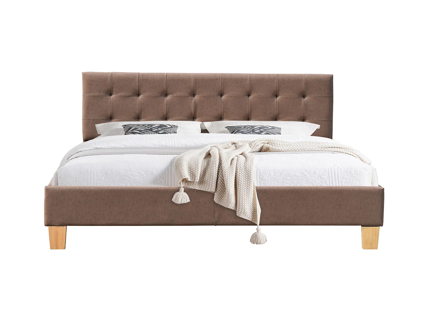 frederic - Solide et Confortable Lit avec Sommier + Tête de Lit Capitonnee Couleur marron + Pieds en 10 cm pour matelas en 140x190 - 13 Lattes - revetement PVC Simili facile d'entretien - Montage