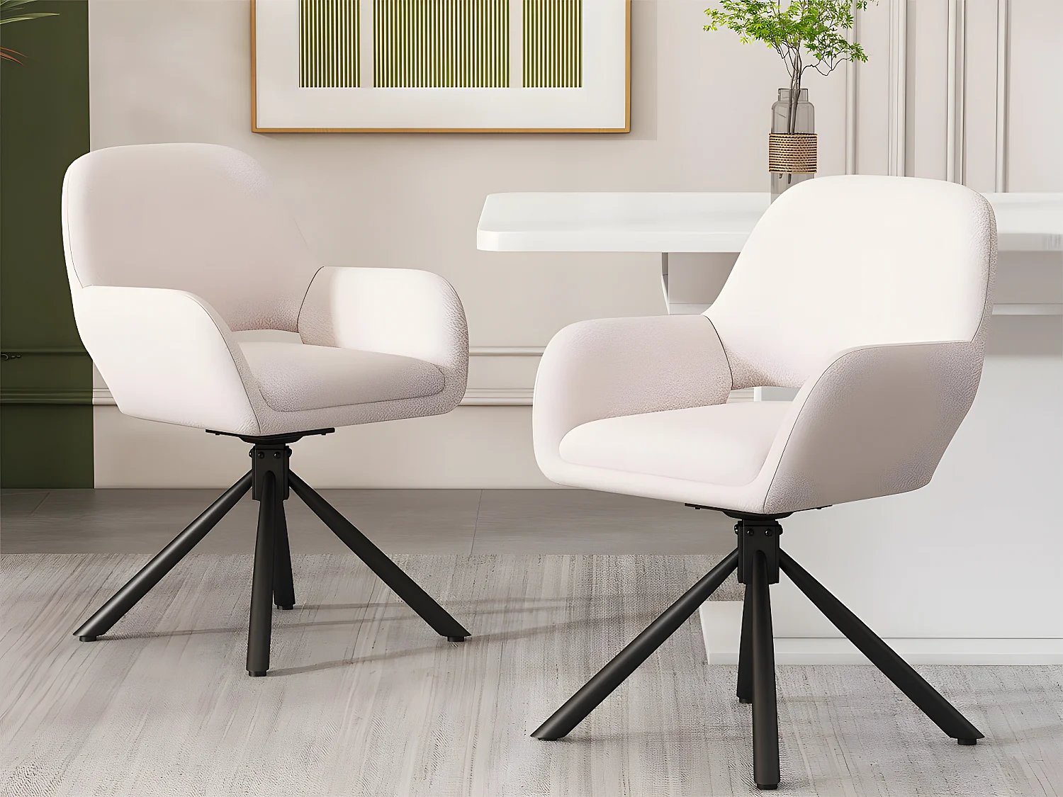 Lot de 2 Chaises pivotantes avec accoudoirs - en sherpa bouclette - style moderne - Blanc