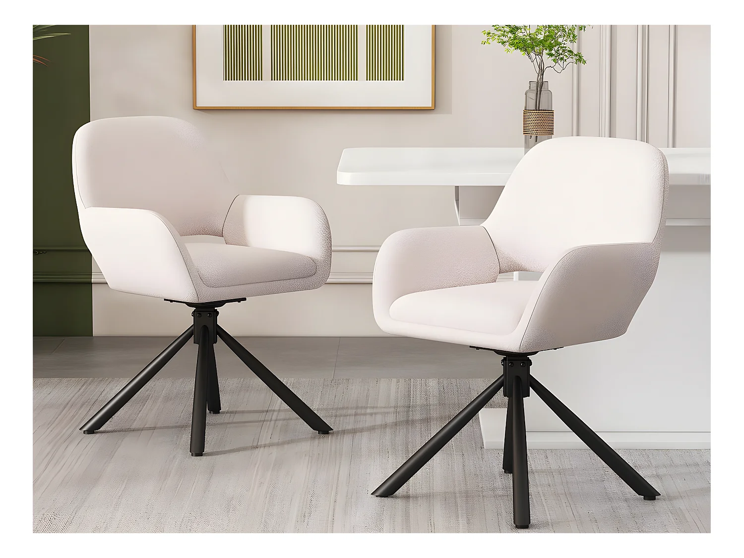 Lot de 2 Chaises pivotantes avec accoudoirs - en sherpa bouclette - style moderne - Blanc
