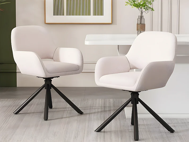 Lot de 2 Chaises pivotantes avec accoudoirs - en sherpa bouclette - style moderne - Blanc