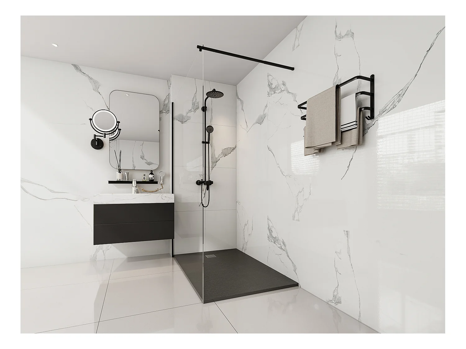 Ekstra-flad brusekabineskål til installation på gulv eller indbygning, skæres i SMC resin med afløb - Sort - 140 x 90 cm - MIRNOSA