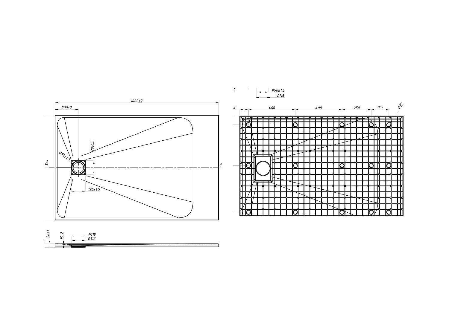 Ekstra-flad brusekabineskål til installation på gulv eller indbygning, skæres i SMC resin med afløb - Sort - 140 x 90 cm - MIRNOSA