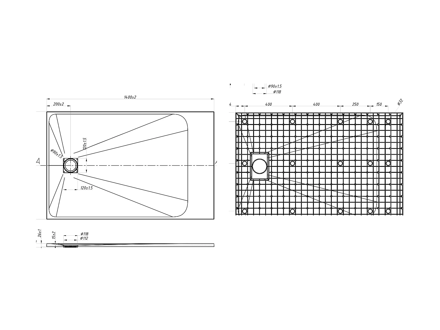 Receveur de douche extra plat à poser ou à encastrer recoupable en résine SMC avec siphon - Gris - 140 x 90 cm - MIRNOSA