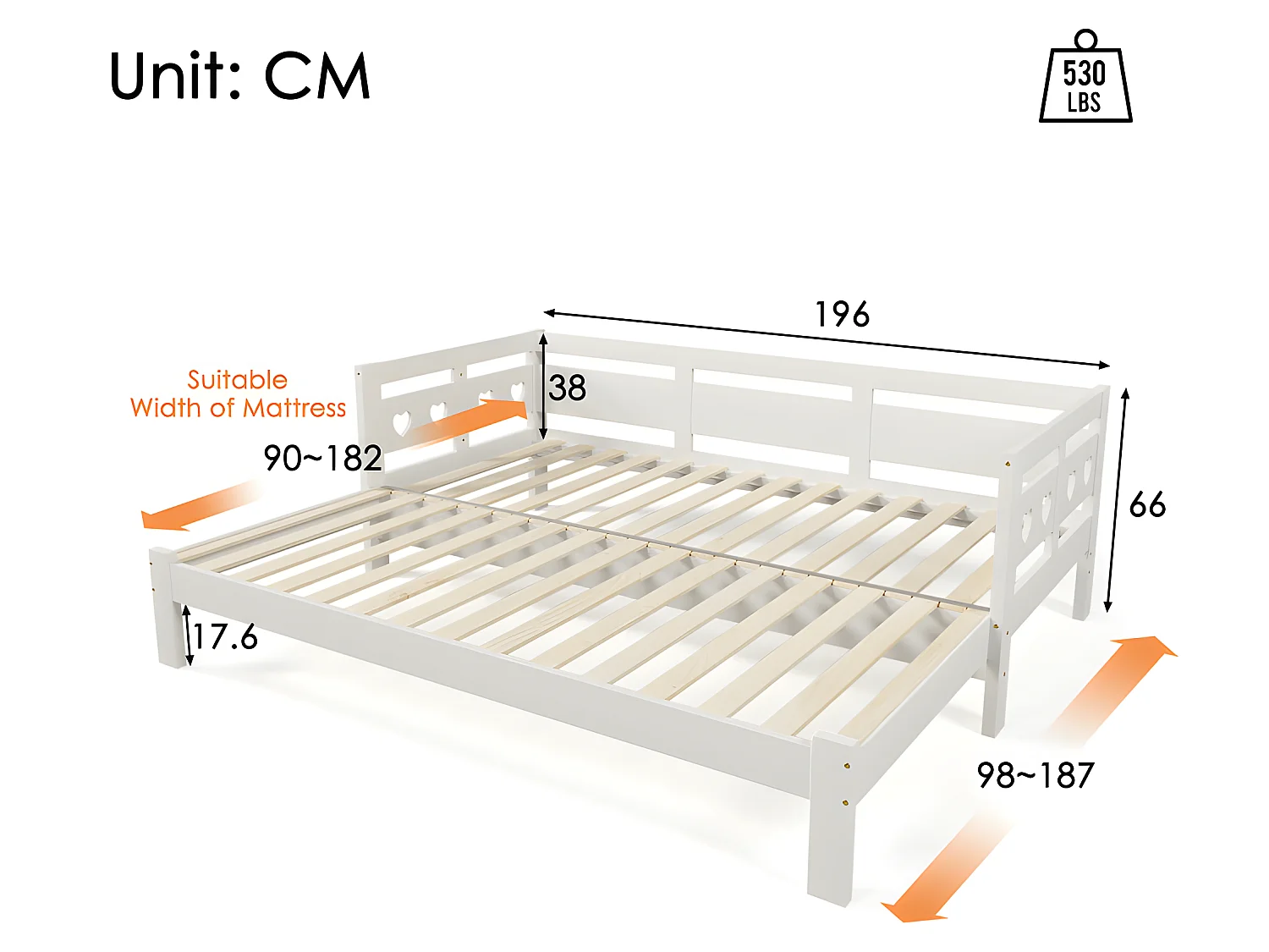 Ausziehbett aus massivem Kiefernholz – 90(180)x190cm – mit Lattenrost – Weiß
