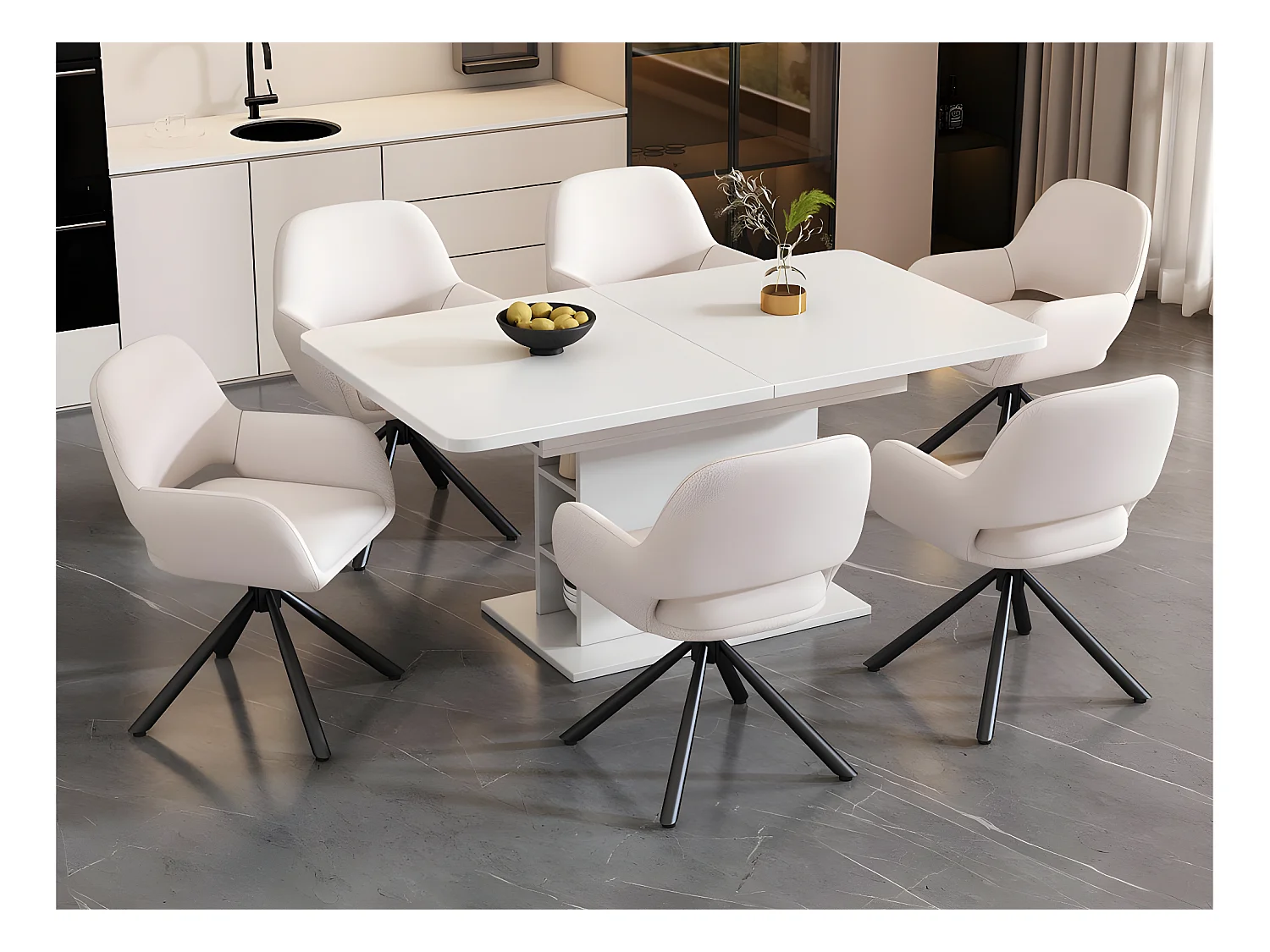 Lot de 4 Chaises pivotantes avec accoudoirs - en sherpa bouclette - style moderne - Blanc