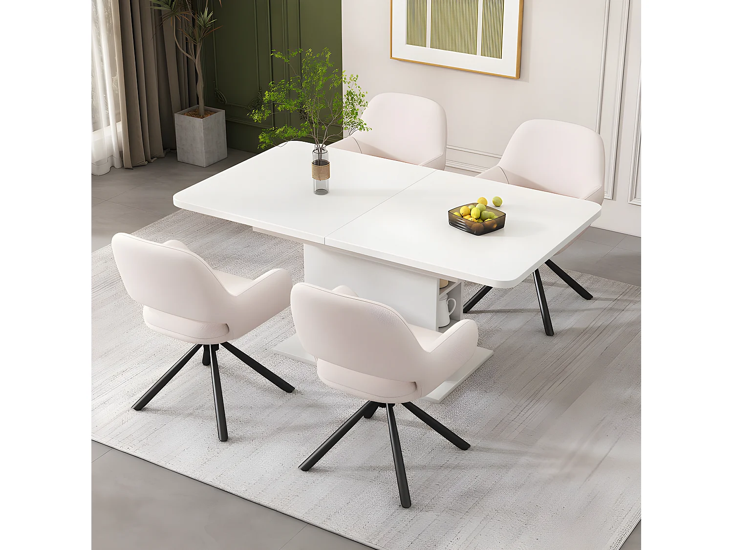 Lot de 4 Chaises pivotantes avec accoudoirs - en sherpa bouclette - style moderne - Blanc