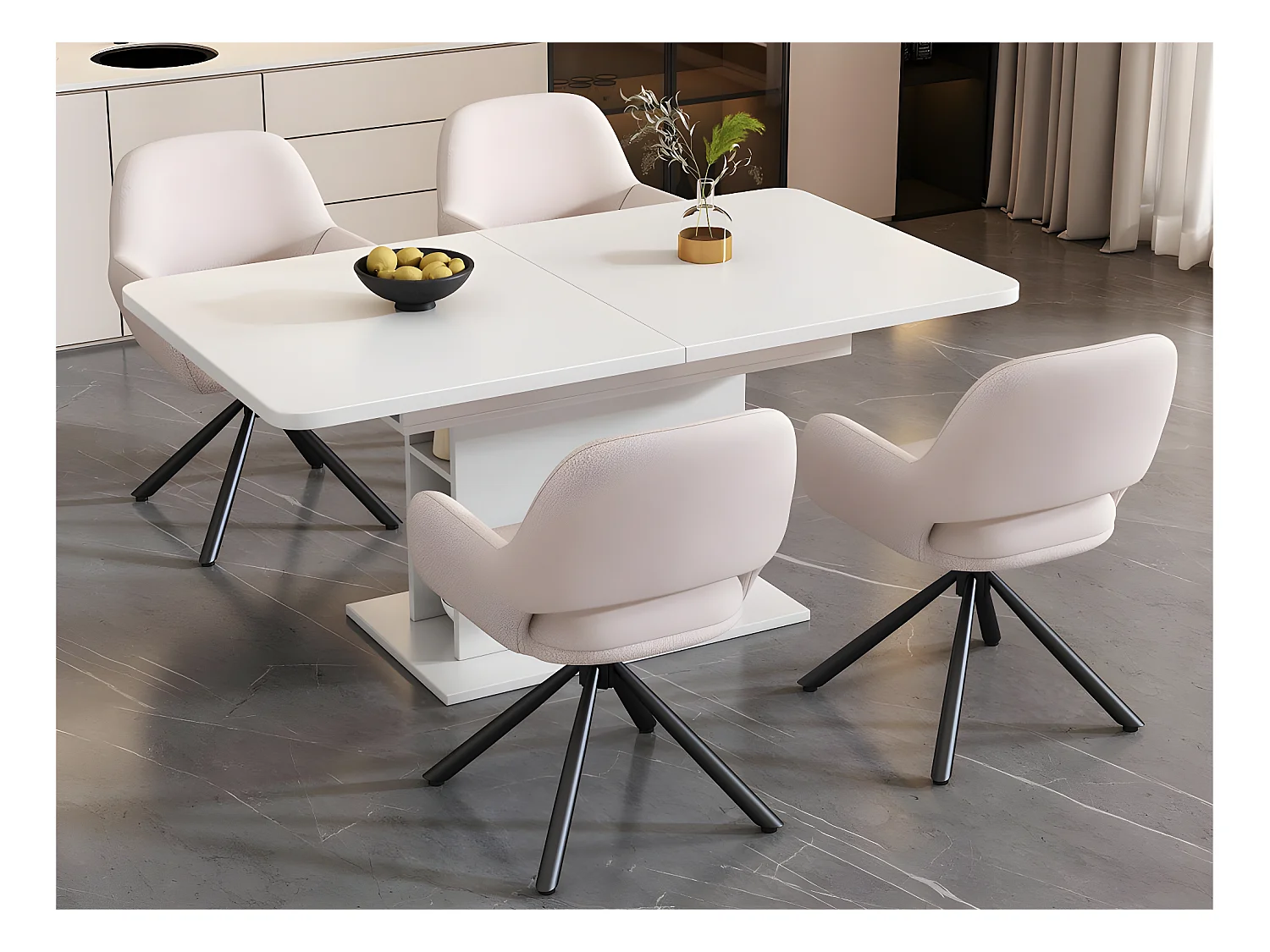Lot de 4 Chaises pivotantes avec accoudoirs - en sherpa bouclette - style moderne - Blanc