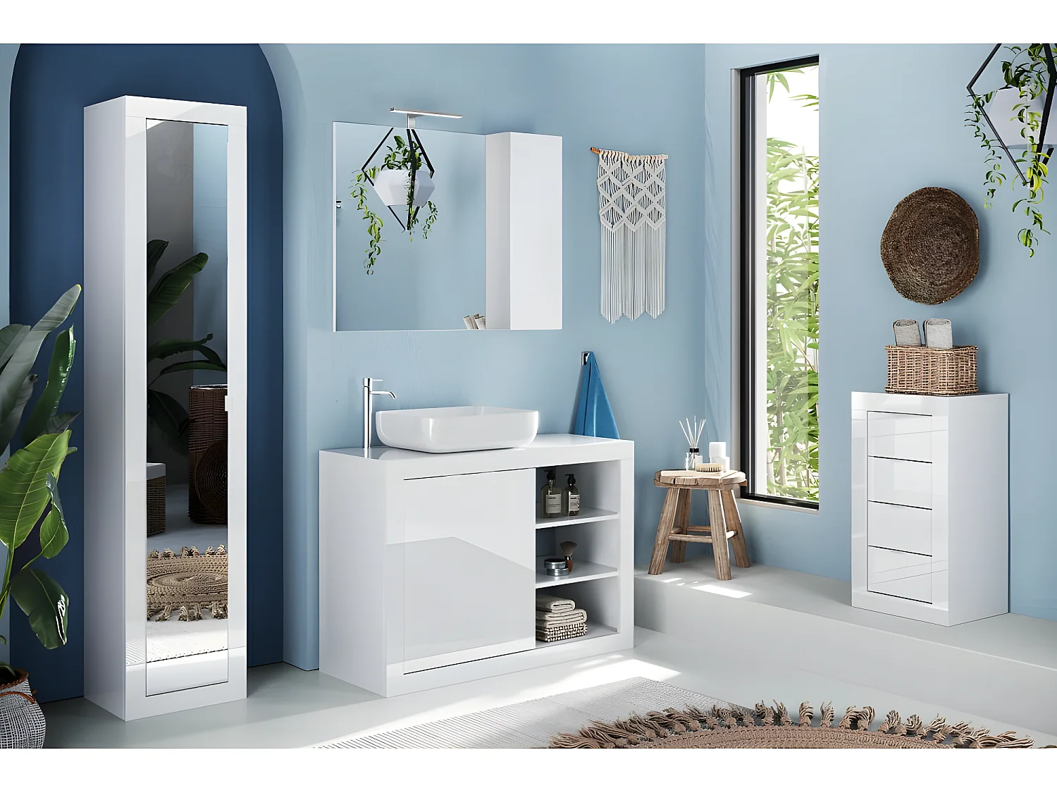 Schrank für das Badezimmer, 1 Tür mit Spiegel, Kollektion ISORA. Farbe glänzend weiß