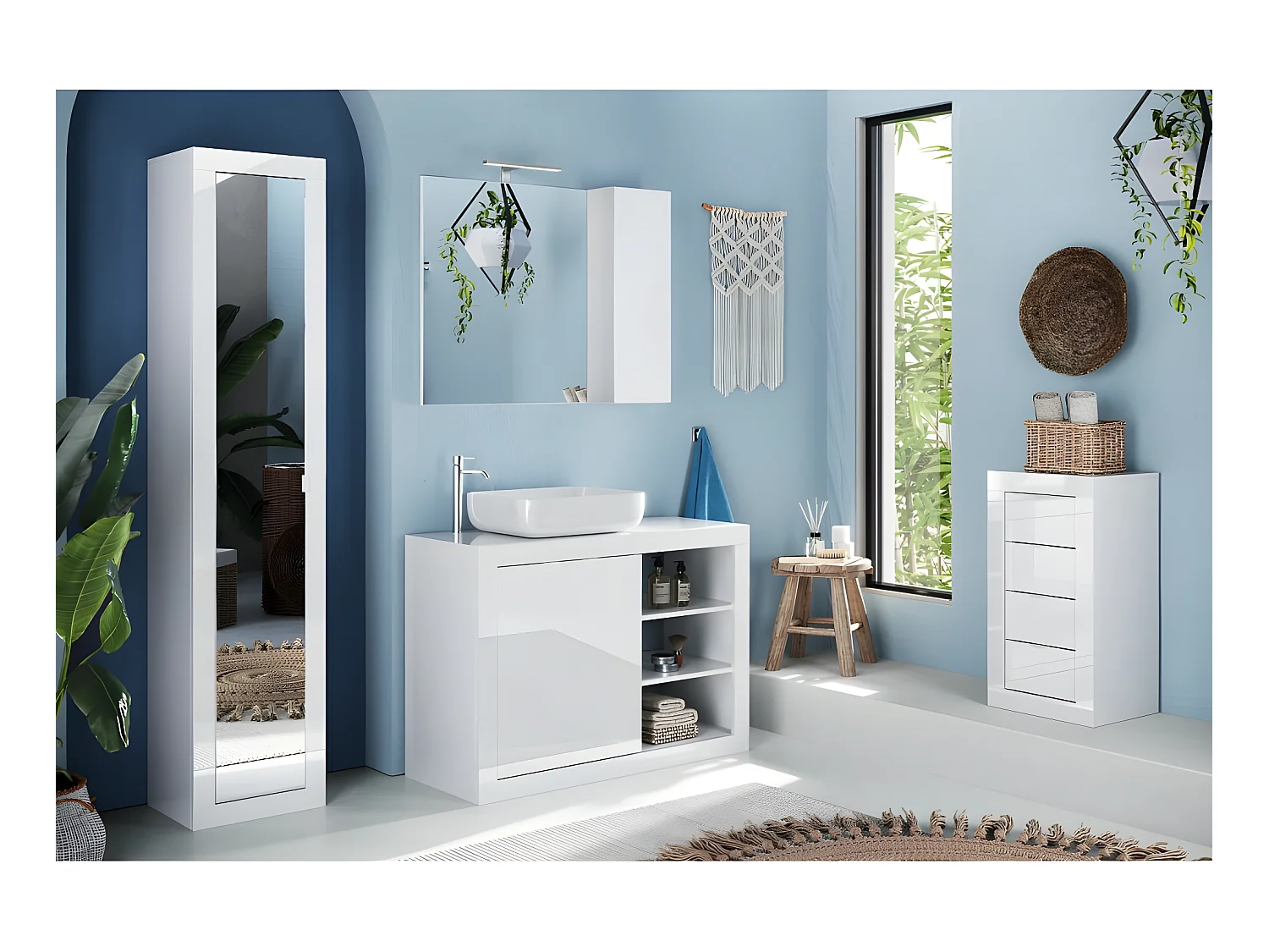 Armadio per bagno, 1 porta con specchio, collezione ISORA. Colore bianco lucido