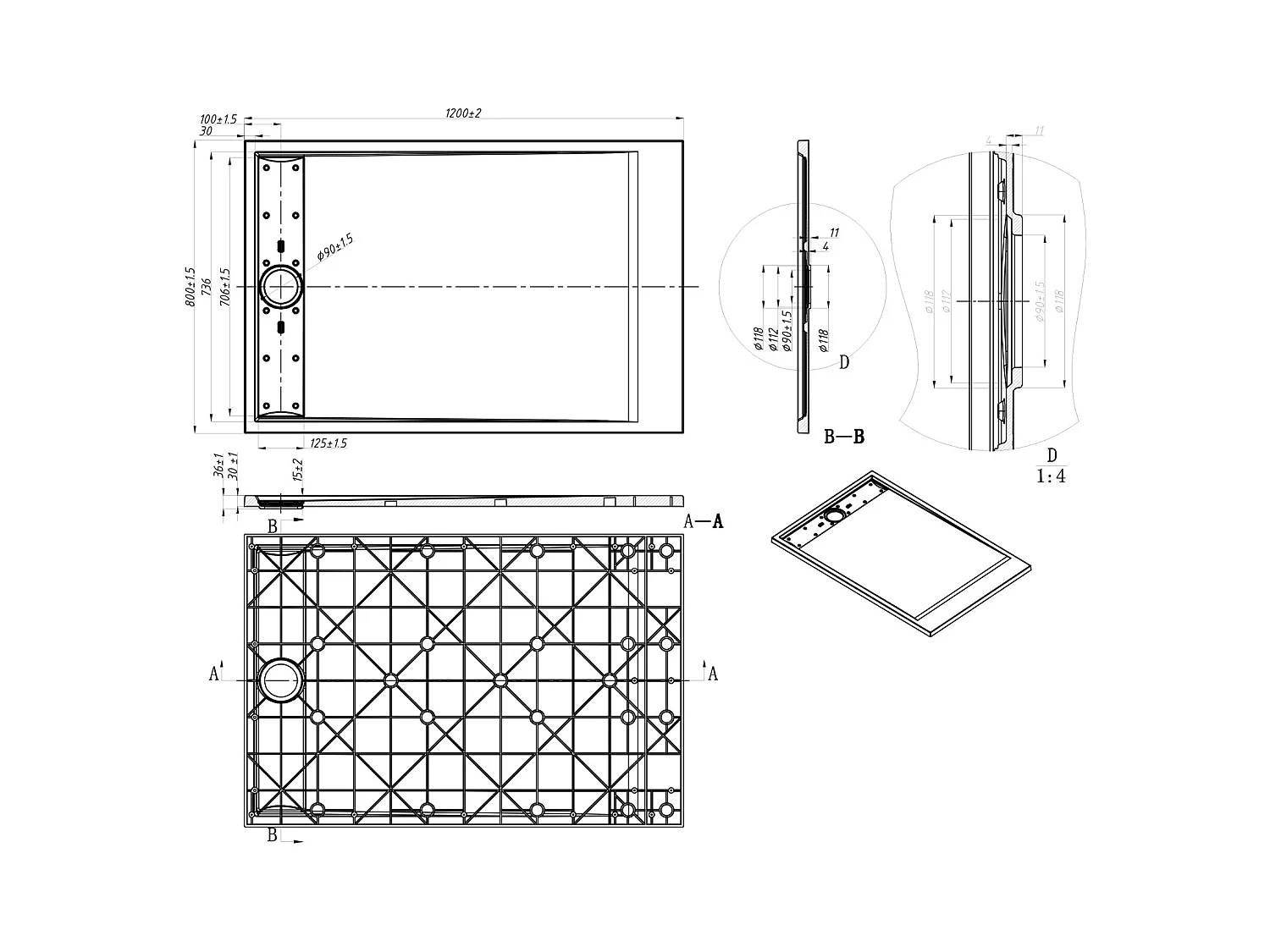Extra platt duschkar i vit SMC-resin 120 × 80 cm med vattenlås LYROSA
