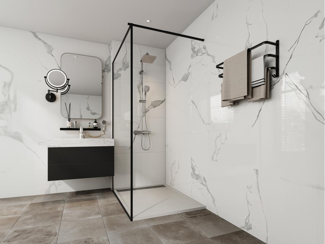 vente unique Receveur extra-plat à poser ou à encastrer découpable en résine SMC avec siphon - Blanc - 120 x 90 cm - LYROSA