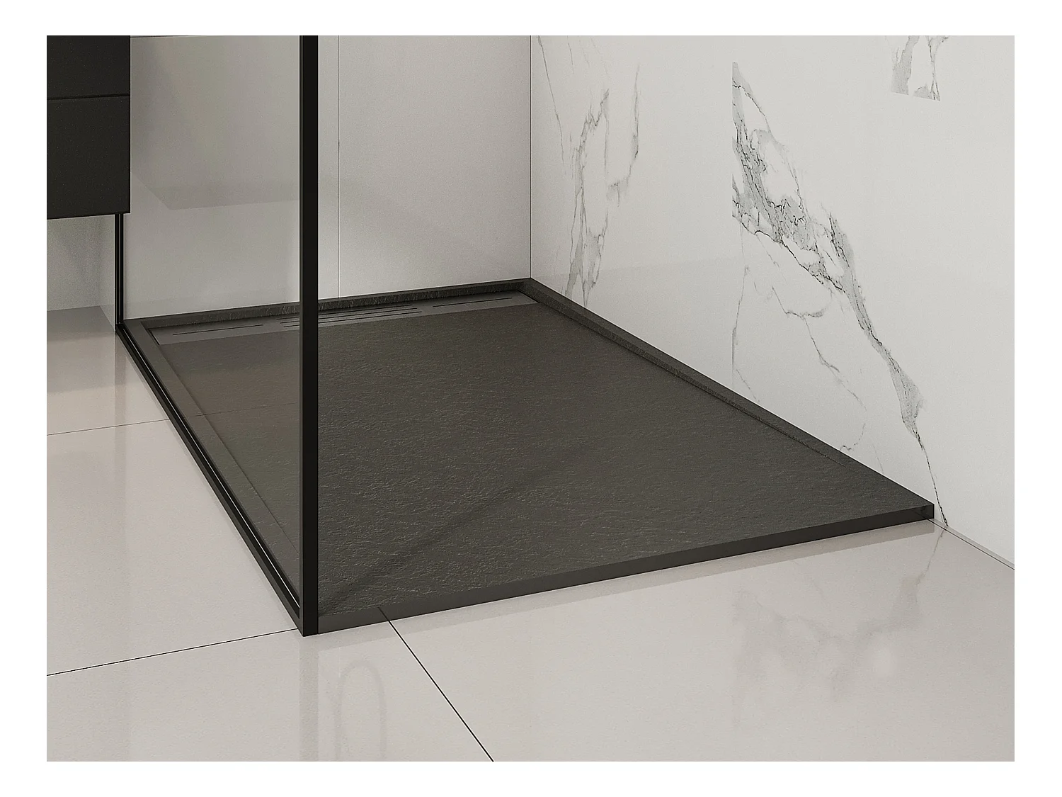 Ultraflad flad bruseniche til fritstående eller planforsænket installation i skærbar SMC-resin med vandlås - Sort - 140 x 90 cm - LYROSA