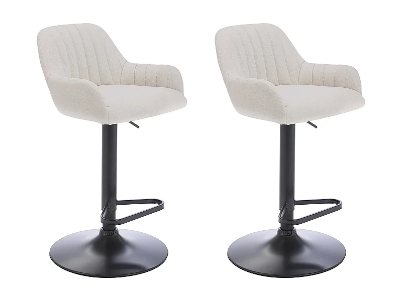 Lot de 2 tabourets de bar en tissu et métal noir - Hauteur réglable - Crème - ELEANA