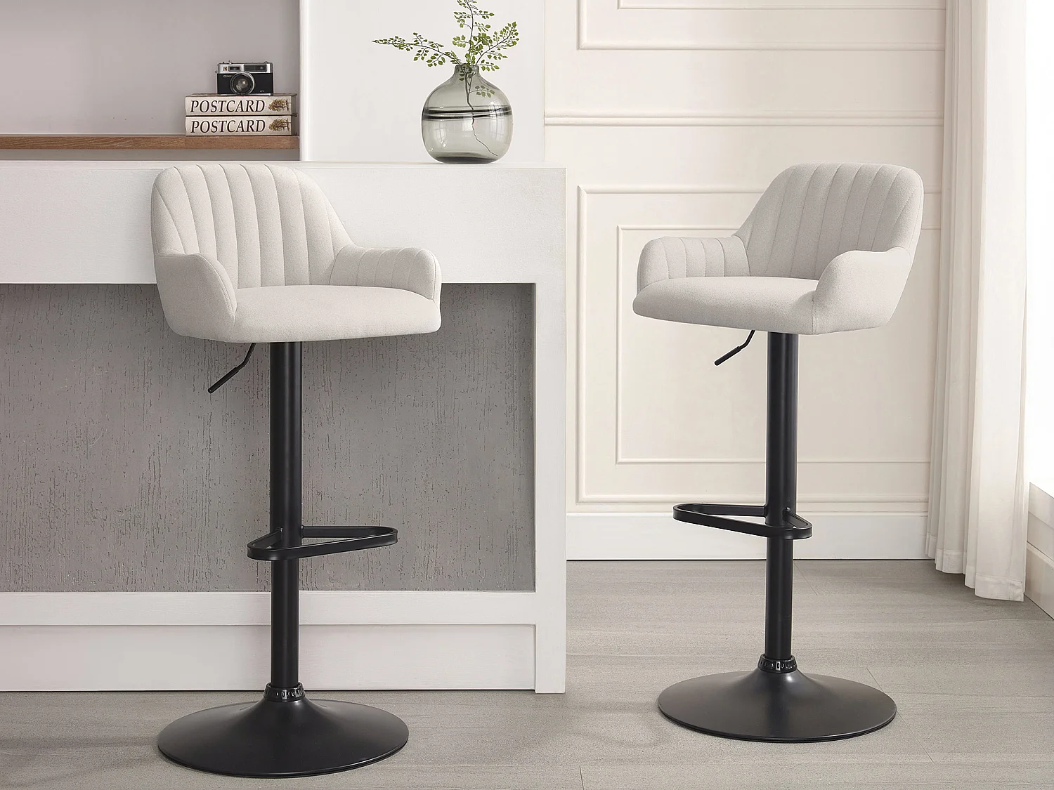 Lot de 2 tabourets de bar en tissu et métal noir - Hauteur réglable - Crème - ELEANA