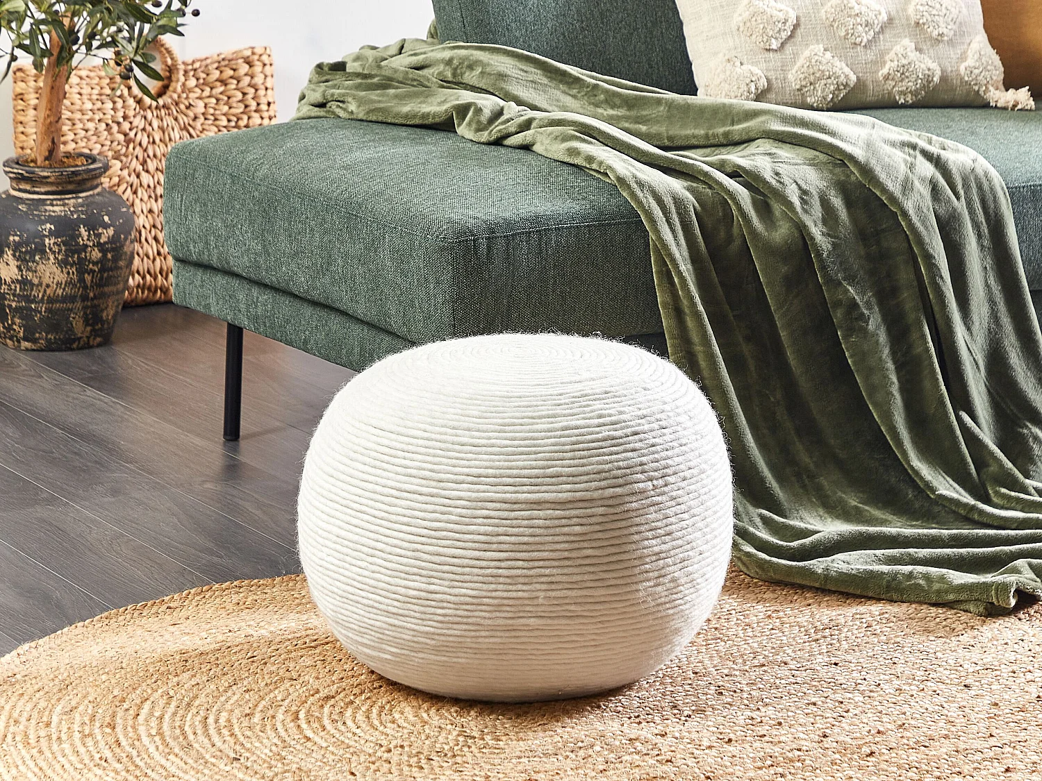 Pouf TAKHABI Wolle Weiss 50 cm 50 cm 35 cm