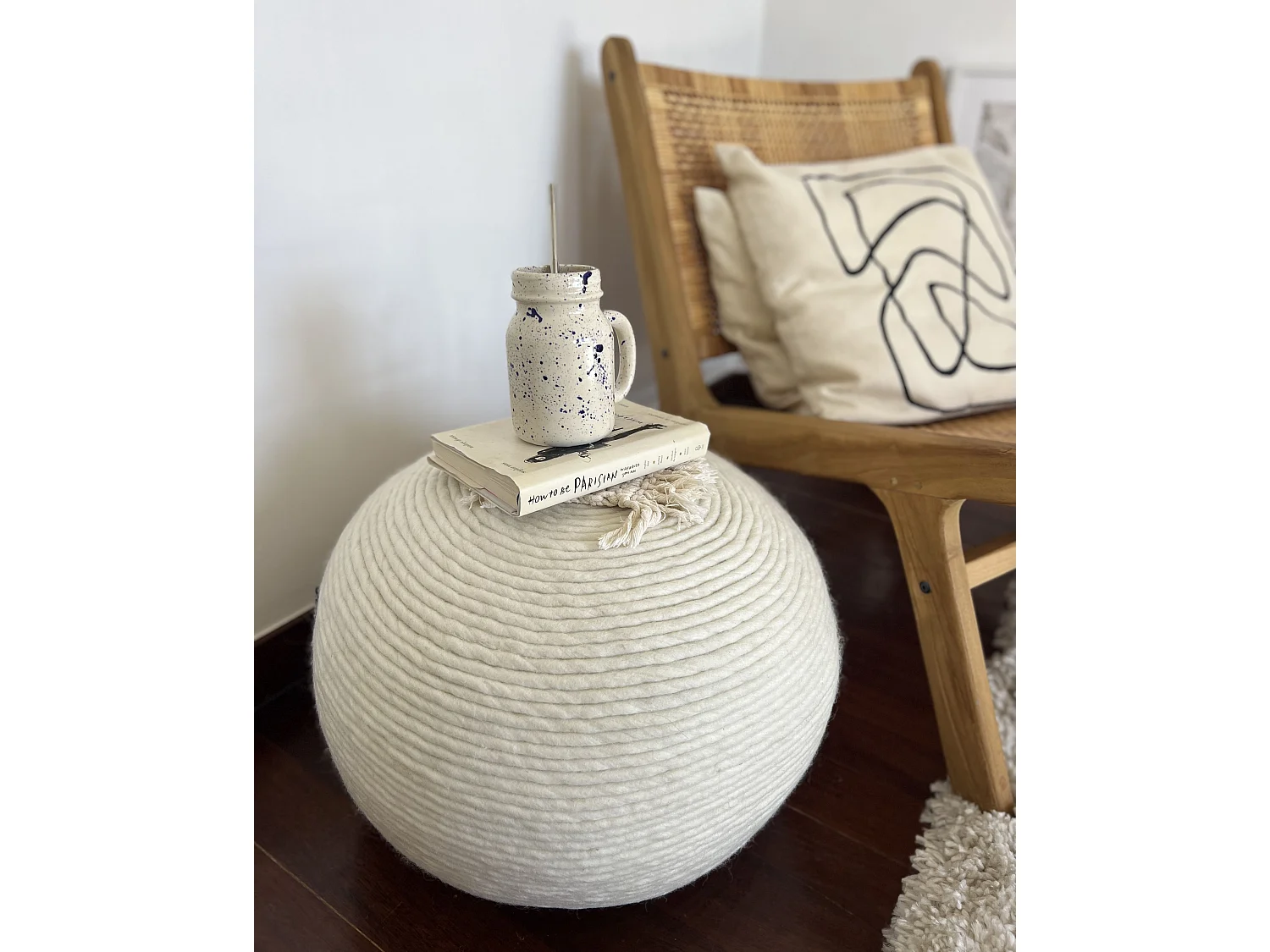 Pouf TAKHABI Laine Blanc 50 cm 50 cm 35 cm