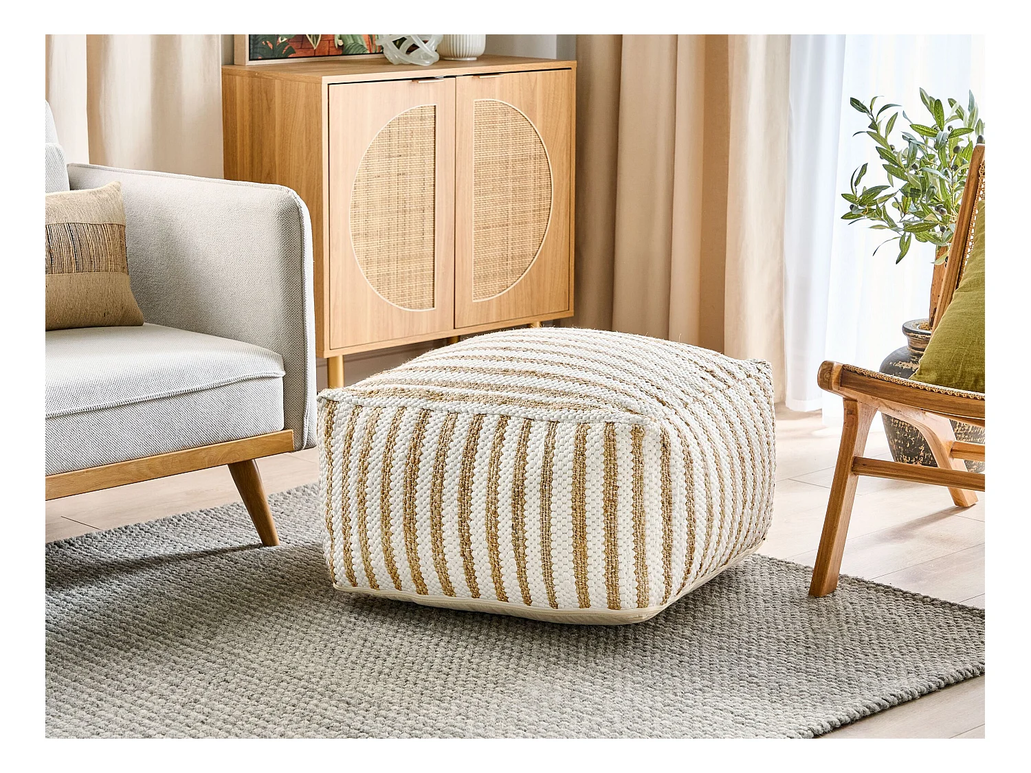 Pouf Jute beige / weiß quadratisch 60x60 cm Streifenmuster Sitzkissen Almatti