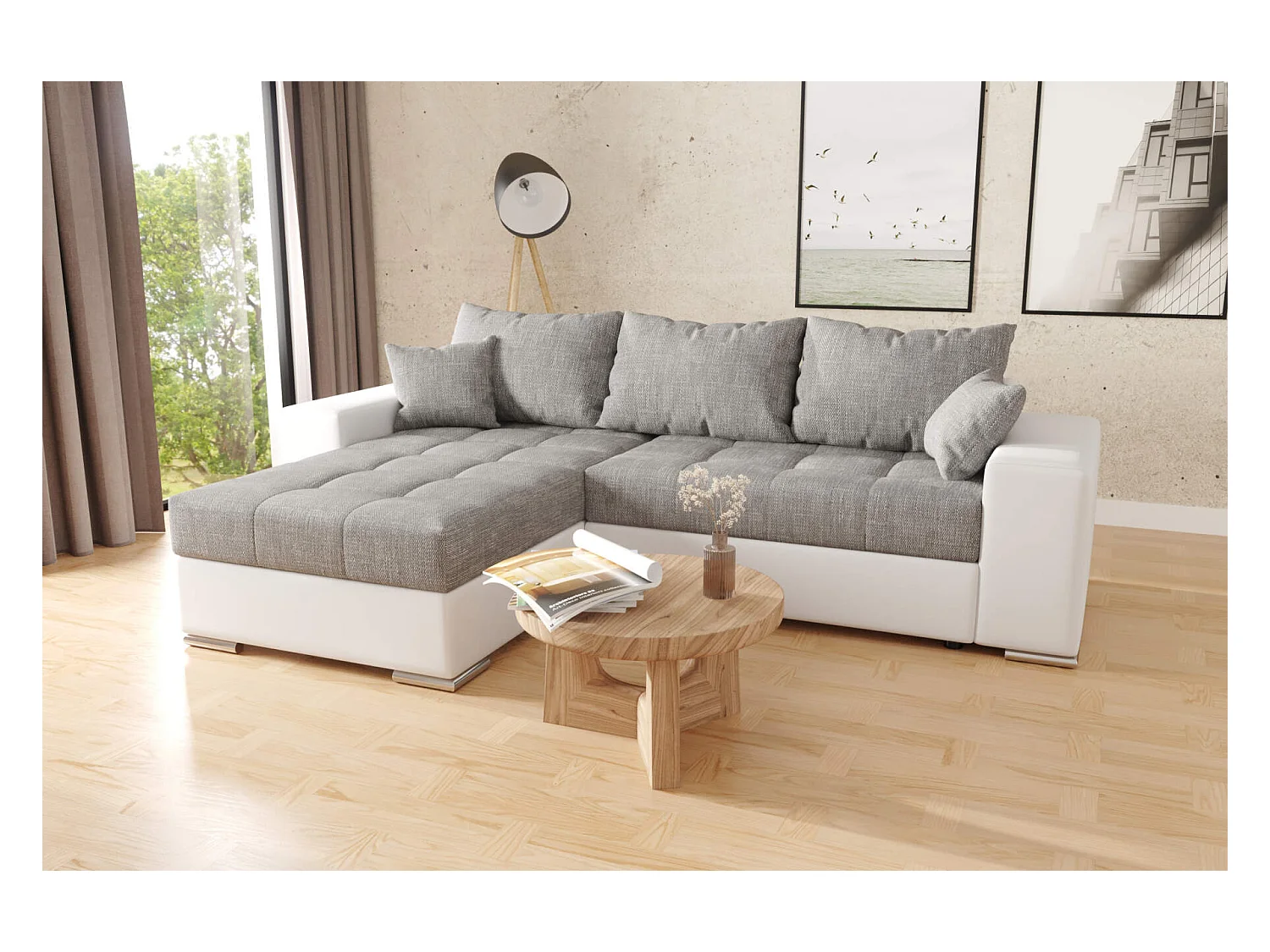 canapé d'angle josua L avec lit et rangements - blanc + gris