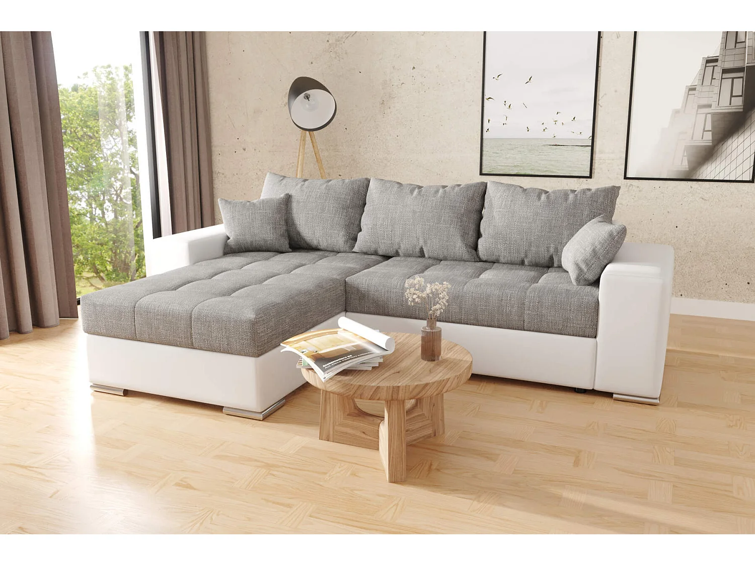 hoekbank josua L met bed en opbergruimte - wit +grijs