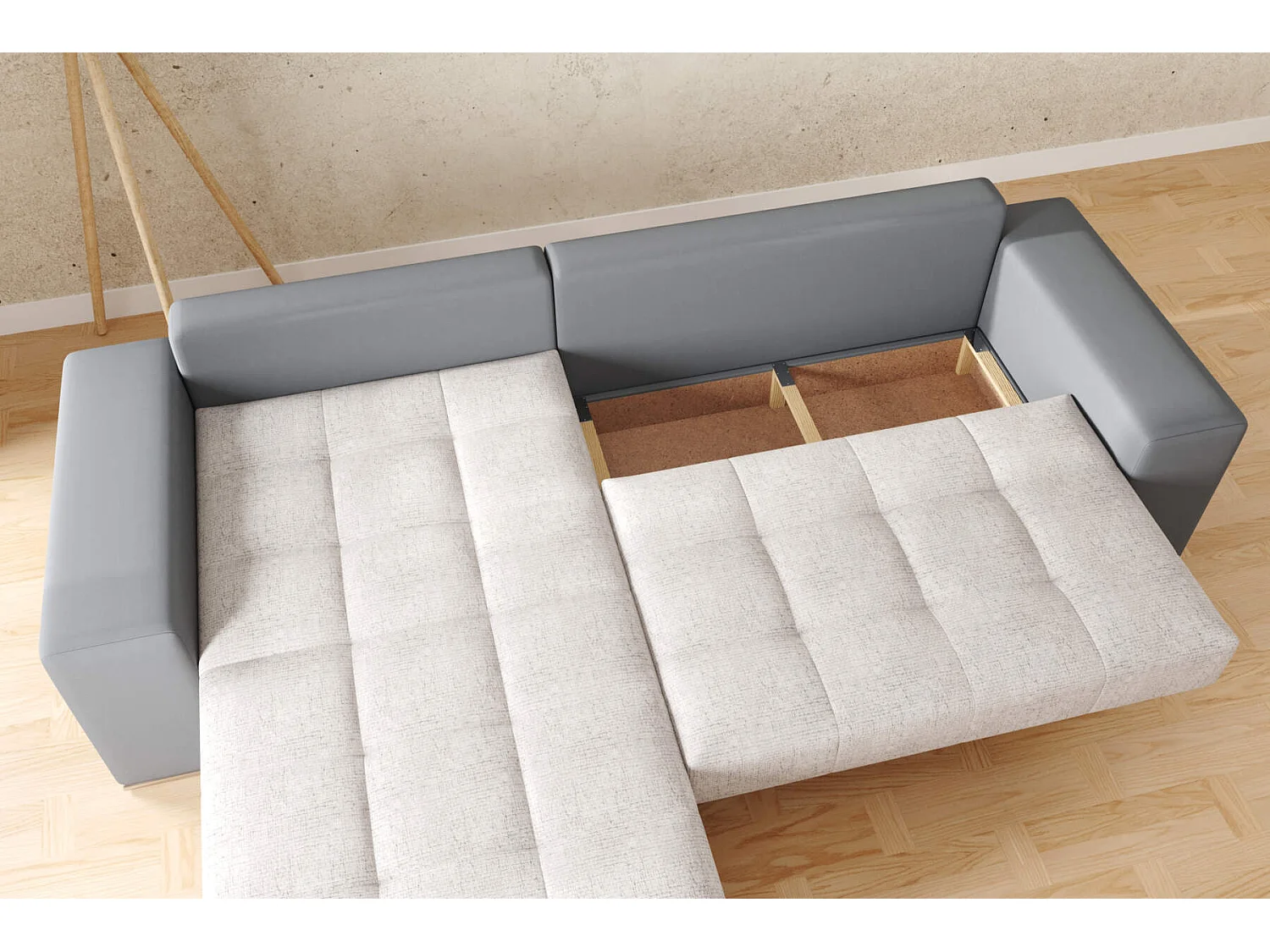 hoekbank josua L met bed en opbergruimte - grijs + grijs pu