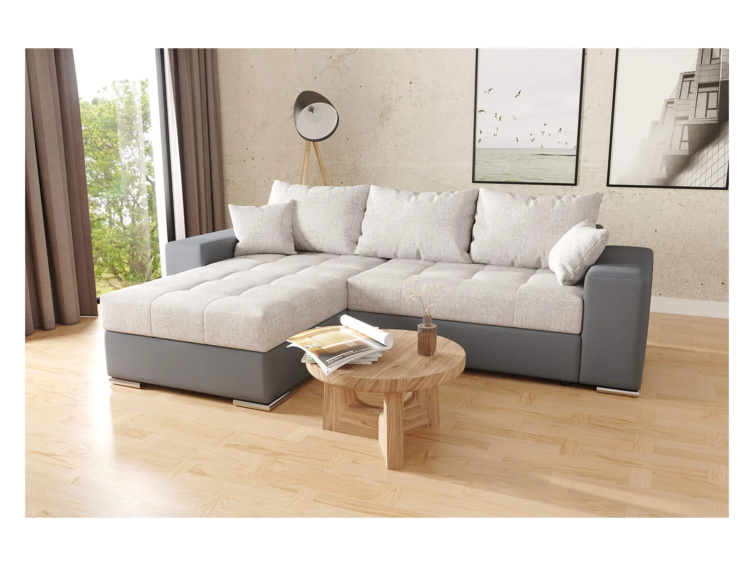 canapé d'angle josua L avec lit et rangements - gris + gris pu