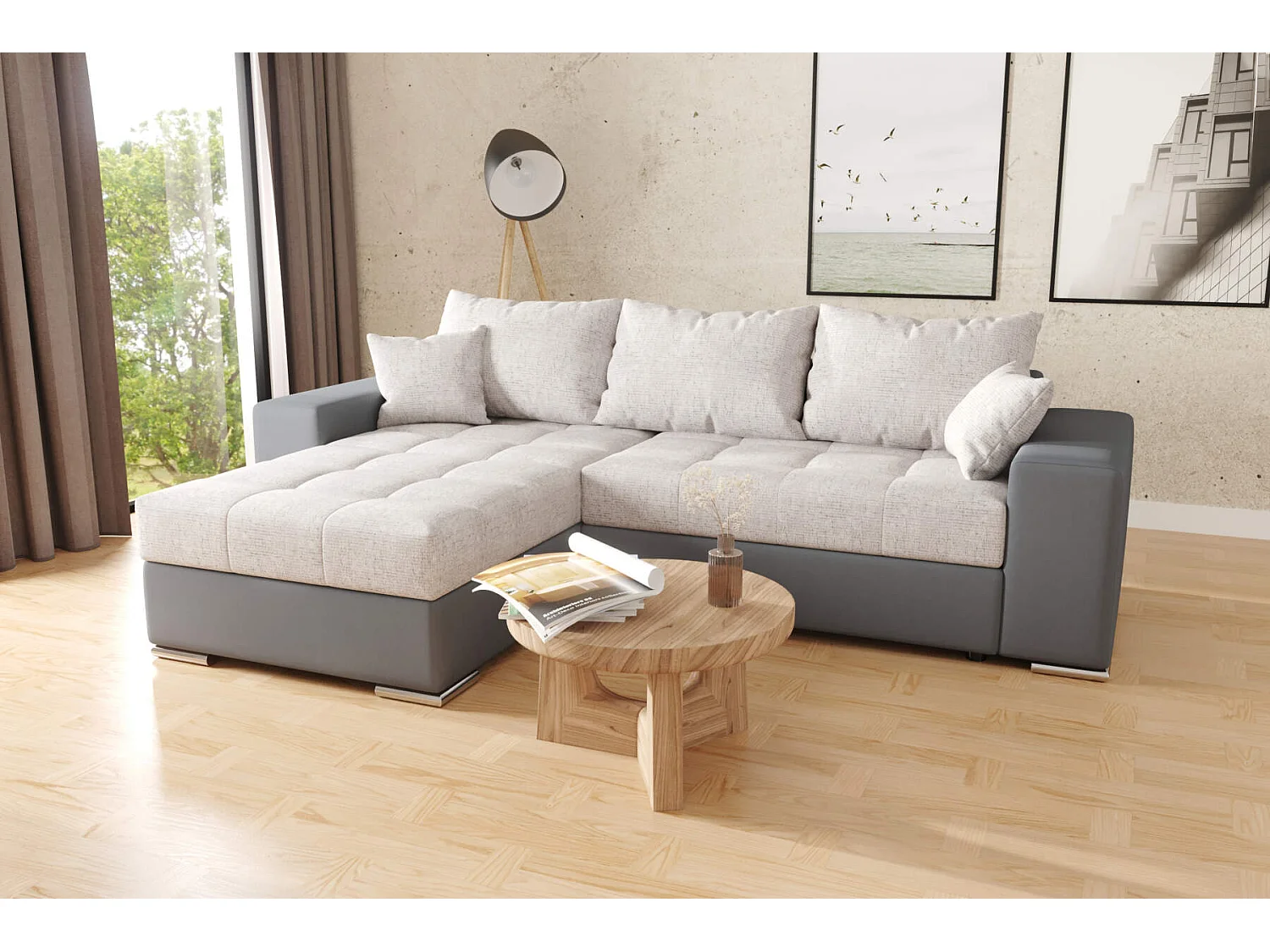 canapé d'angle josua L avec lit et rangements - gris + gris pu