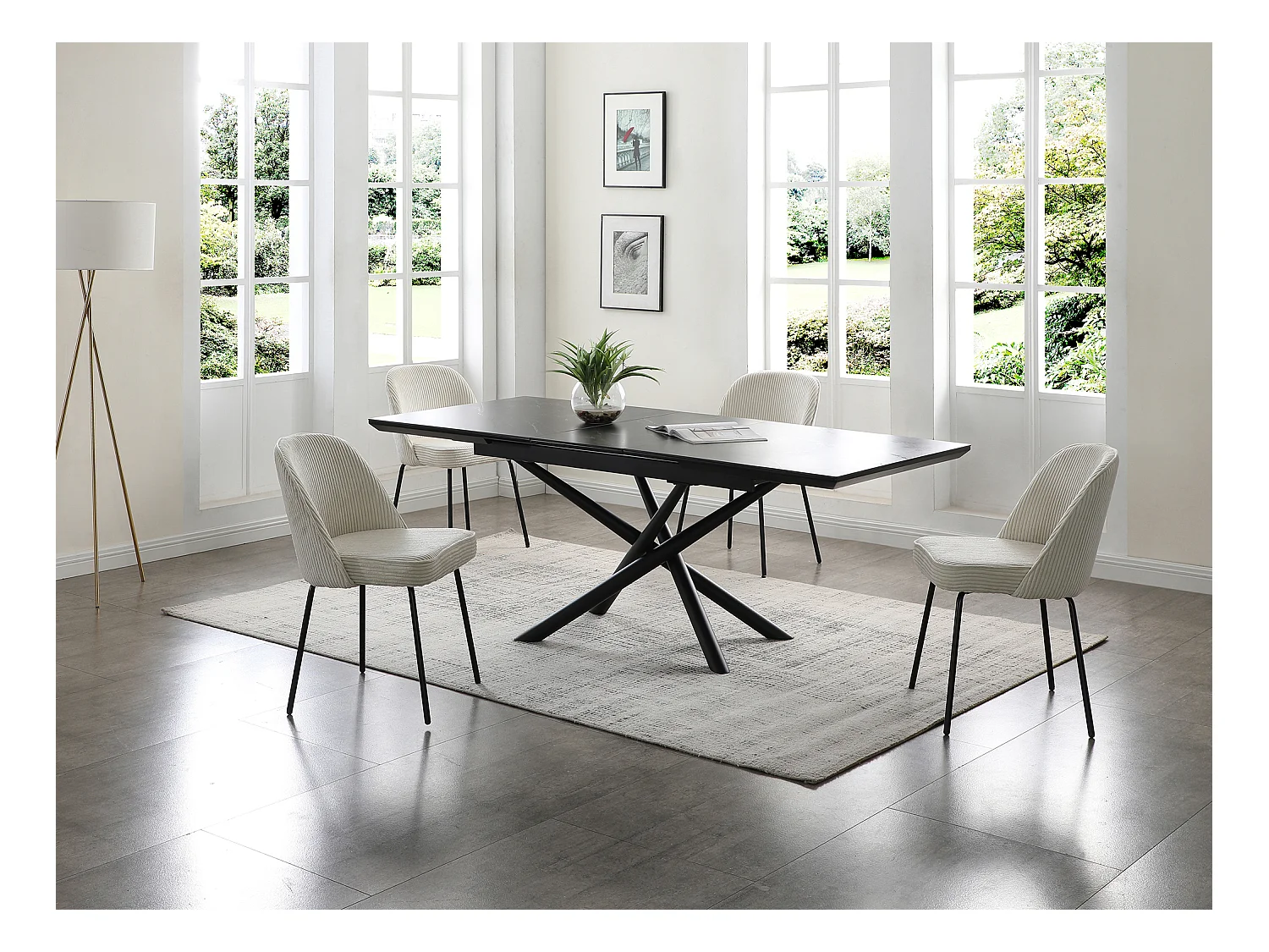Lot de 6 chaises en velours côtelé et métal noir - Crème - ALPALI