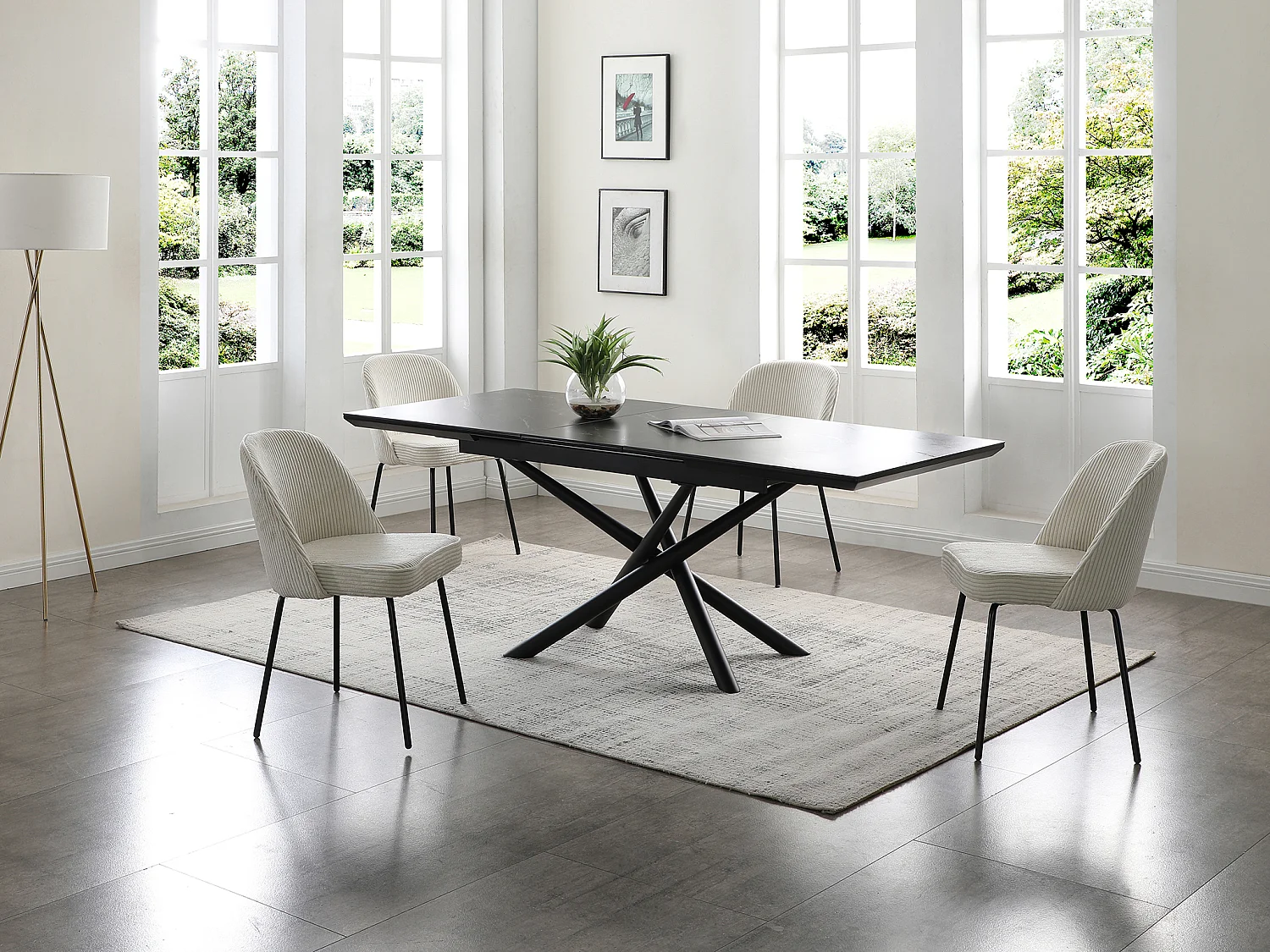 Lot de 6 chaises en velours côtelé et métal noir - Crème - ALPALI