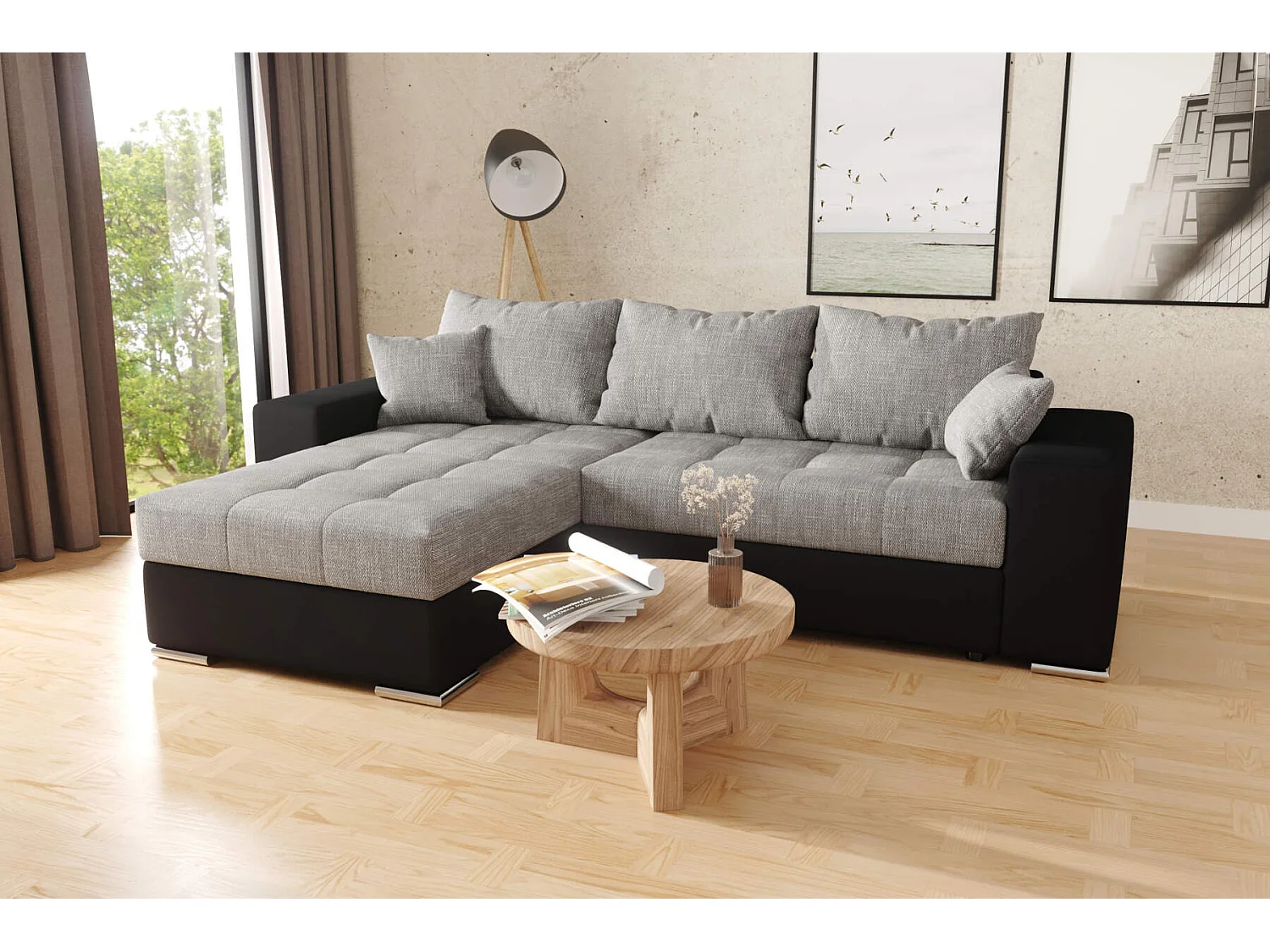 hoekbank josua L met bed en opbergruimte - zwart + grijs
