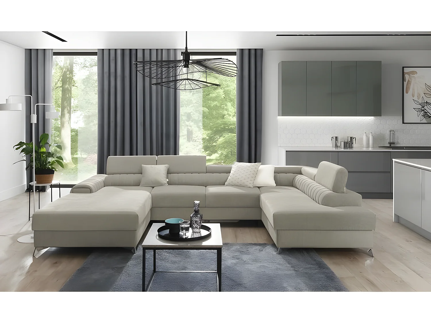 Canapé d'angle panoramique RILO avec têtières réglables angle droit beige