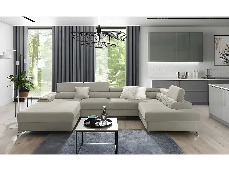 Canapé d'angle panoramique RILO avec têtières réglables angle droit beige