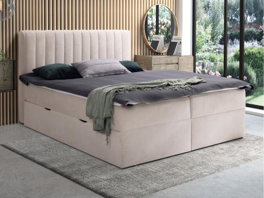 Ensemble complet literie déco tête de lit + sommiers coffre et tiroir + matelas + surmatelas - 160 x 200 cm - Tissu - Beige - ARAO de YSMÉE