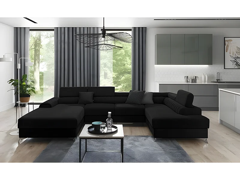 Canapé d'angle panoramique RILO avec têtières réglables angle droit noir