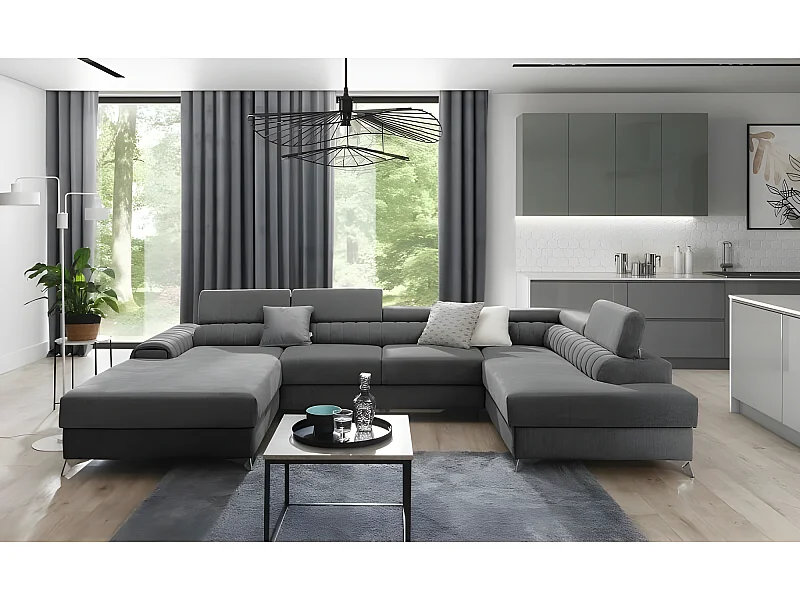 Canapé d'angle panoramique RILO avec têtières réglables angle droit gris