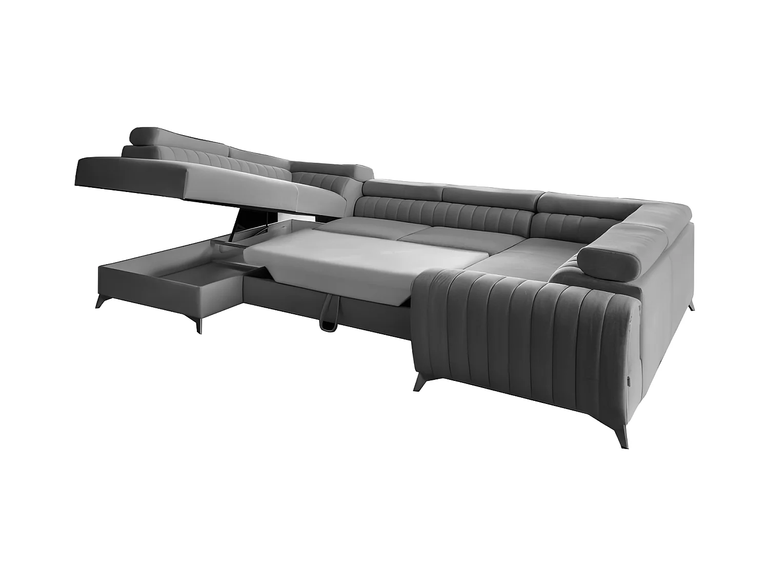 Canapé d'angle panoramique RILO avec têtières réglables angle droit gris