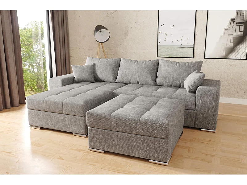 canapé d'angle josua L avec lit et rangements + pouf - tissu entièrement gris
