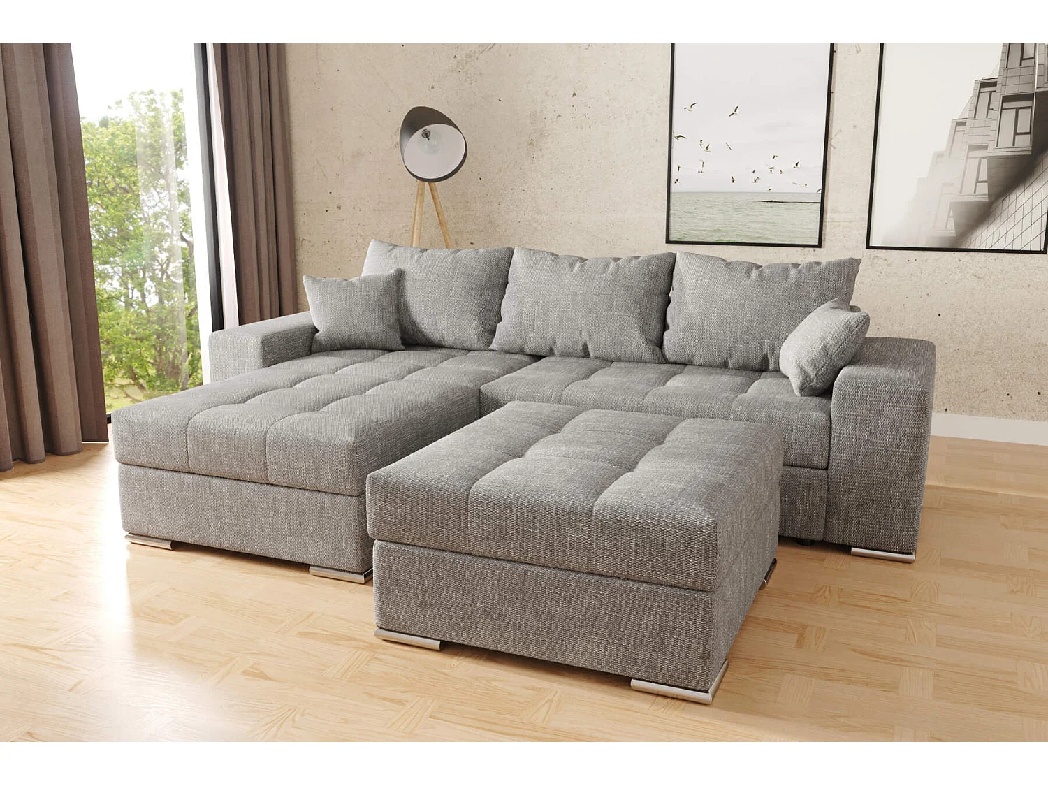 canapé d'angle josua L avec lit et rangements + pouf - tissu entièrement gris
