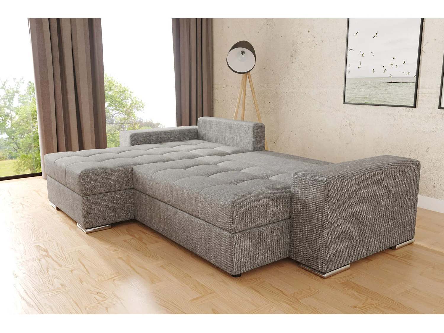 canapé d'angle josua L avec lit et rangements + pouf - tissu entièrement gris