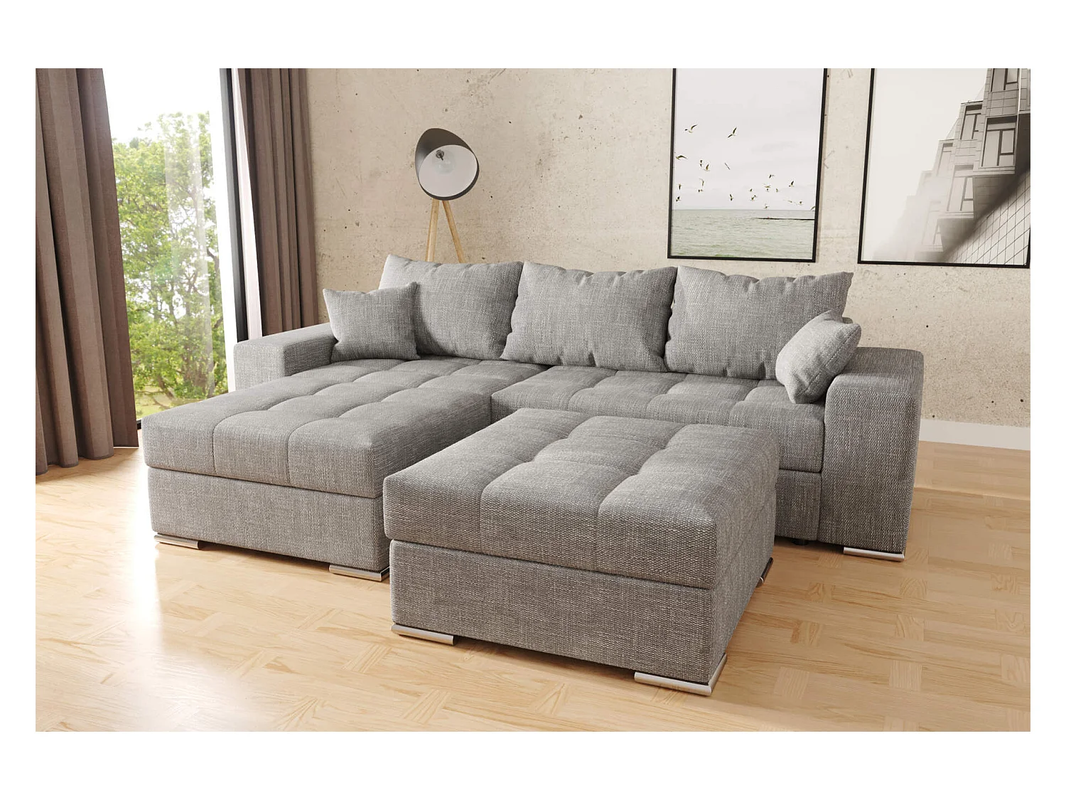 canapé d'angle josua L avec lit et rangements + pouf - tissu entièrement gris