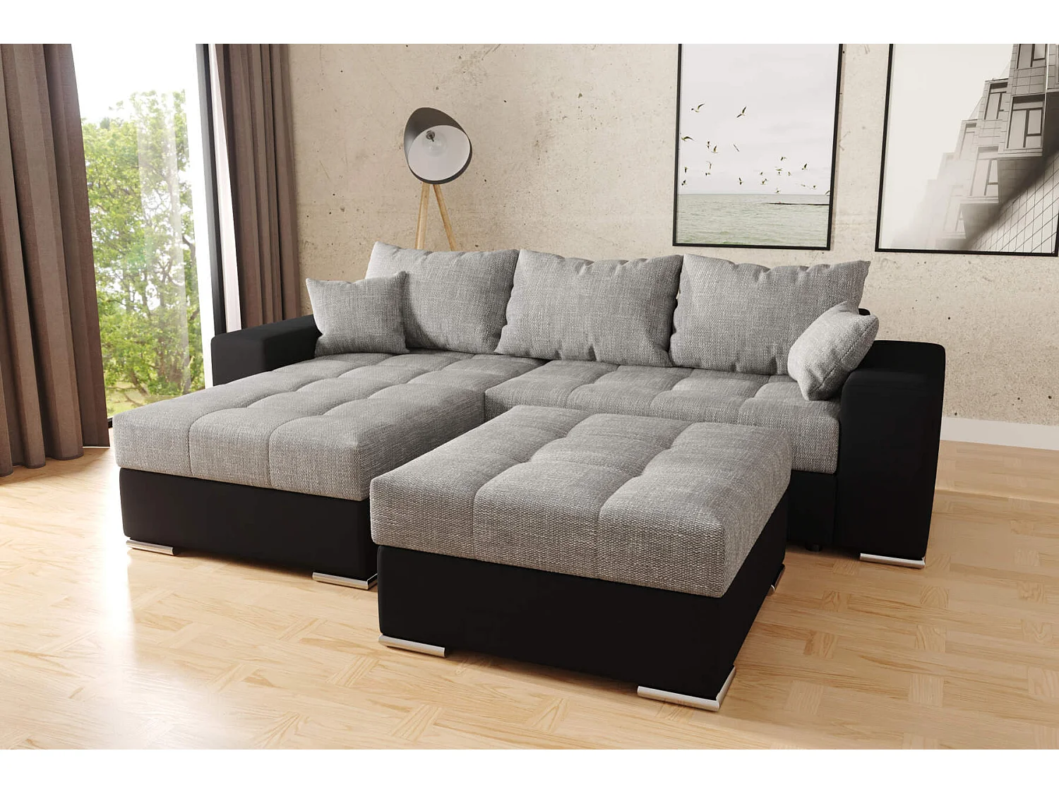 canapé d'angle josua l avec lit et rangements + pouf - noir + gris