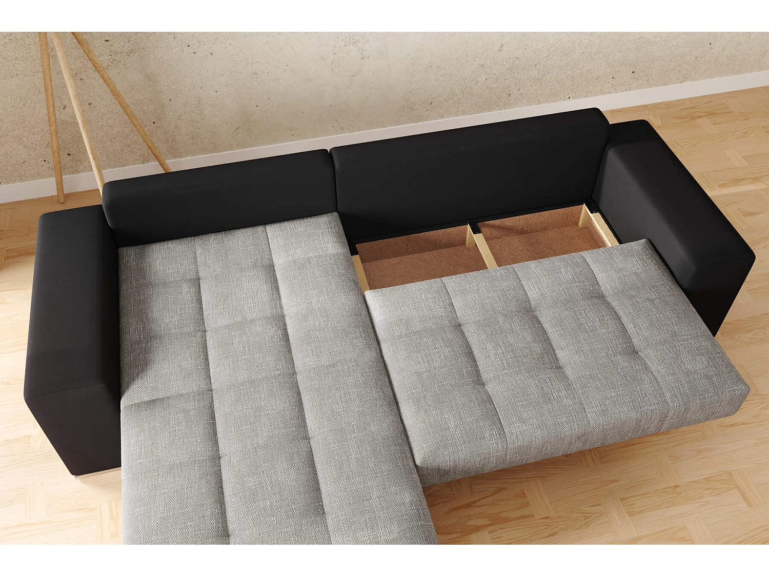 canapé d'angle josua l avec lit et rangements + pouf - noir + gris