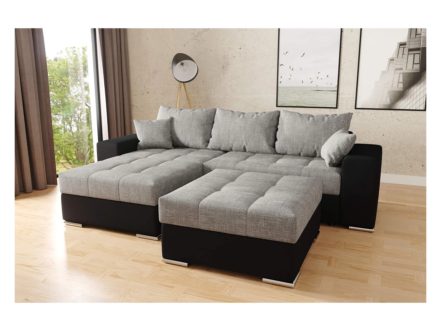 canapé d'angle josua l avec lit et rangements + pouf - noir + gris