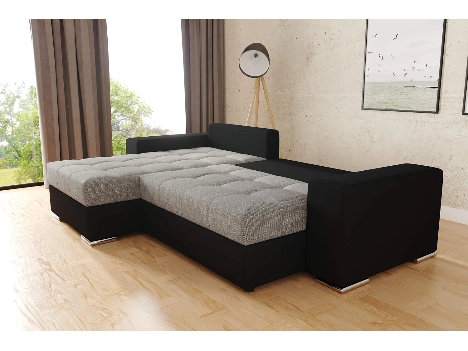 hoekbank josua L met bed en opbergruimte + poef - zwart + grijs