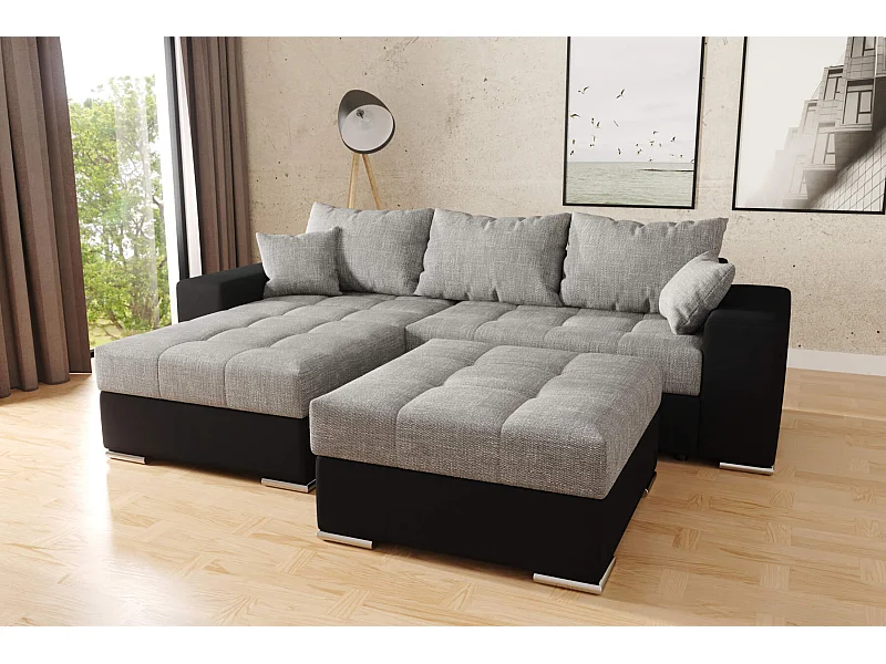 canapé d'angle josua l avec lit et rangements + pouf - noir + gris