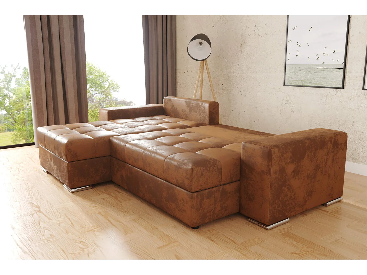 hoekbank josua L +poef - vintage bruin